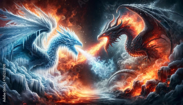 Fototapeta Ice and Fire Dragons Clashing - Mythical Battle Art
