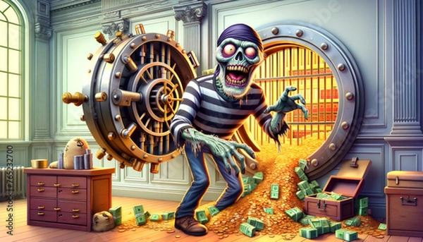 Fototapeta Zombie Bank Robber in a Vault Full of Money