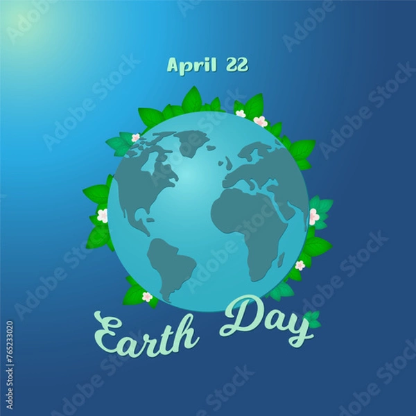 Fototapeta International Earth Day concept. Save the Earth. For greeting card, invitation, banner, social media. Globe with green leaves and flowers on blue background.  Vector illustration.