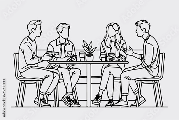 Fototapeta Modern, linear vector illustration of diverse people gathered around a table, a discussion