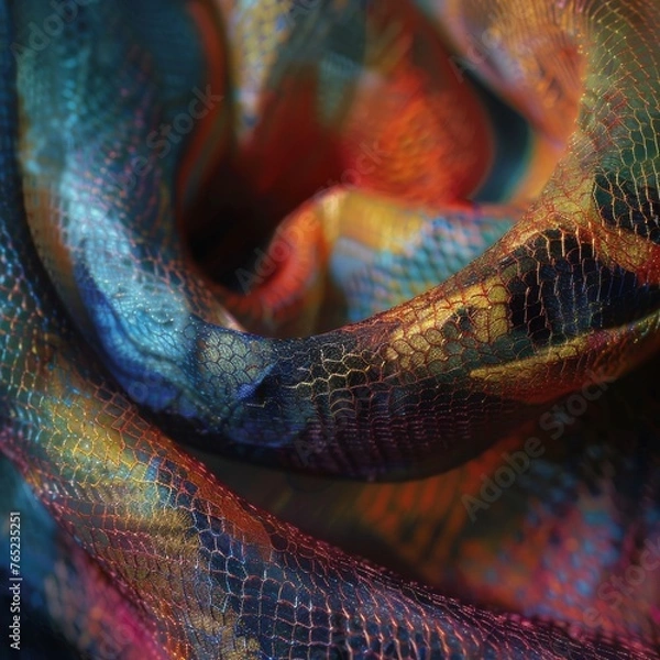 Fototapeta Macro shot of a colorful silk fabric, highlighting the intricate textures and vibrant interplay of colors.