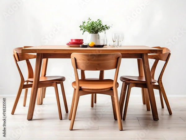 Fototapeta A wooden dining table set is pictured, isolated on a white background. The set includes a table and chairs.