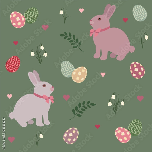 Fototapeta Easter seamless pattern with bunnies, colorful eggs and flowers. Vector illustration on green background. For Easter decor, banner, wrapping, textile. 