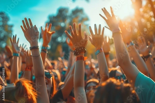 Obraz Party. group of happy young people crowd hands up in the air at outdoor music festival concert, party and event festival concept