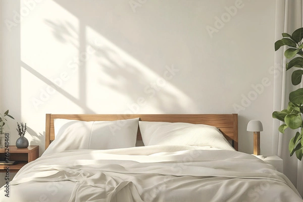 Fototapeta Interior Bedroom, Empty Wall Mockup In White Room With White Bed And Decorations, 3d Render Real Room Template