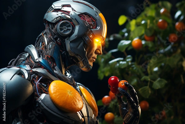 Obraz Close up portrait of robot with fruits on dark background. Concept of artificial intelligence.