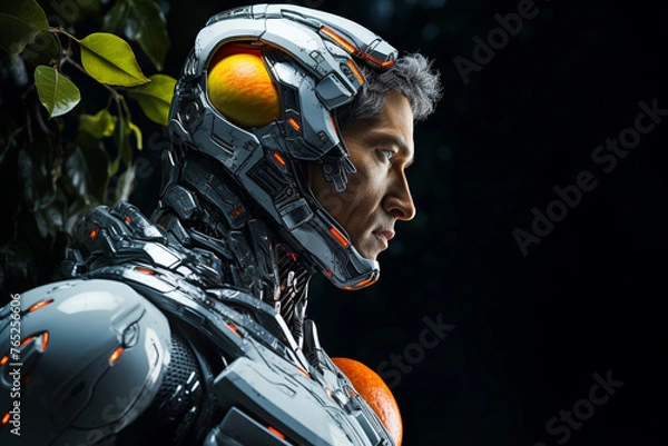 Obraz Close up portrait of robot with fruits on dark background. Concept of artificial intelligence.