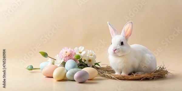 Obraz Adorable Easter Bunny on Pastel Background, holiday, Easter Flowers, Spring, Easter, greeting card, easter, holiday, Easter Bunny