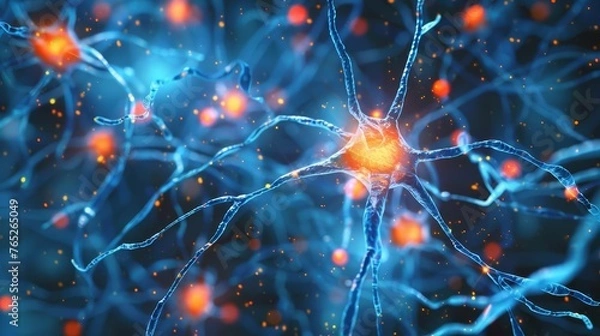 Fototapeta Human brain neurons firing with neural extensions, close-up scientific concept illustration