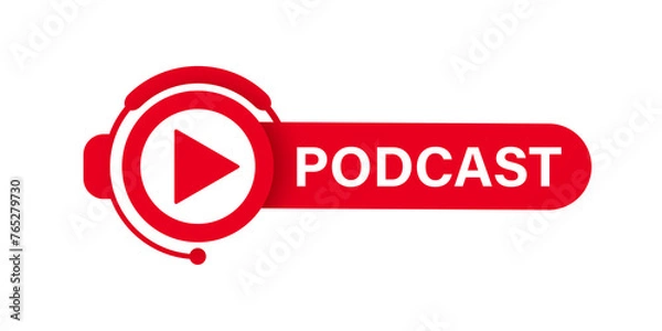 Fototapeta Red podcast banner. Vector PNG image isolated on transparent background. Lesson, course, banner, button, icon, online studying.