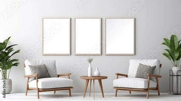 Obraz Two armchairs in room with white wall and big frame poster on it. Scandinavian style interior design of modern living room. Generative AI