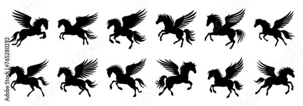 Obraz Pegasus silhouettes set, large pack of vector silhouette design, isolated white background.