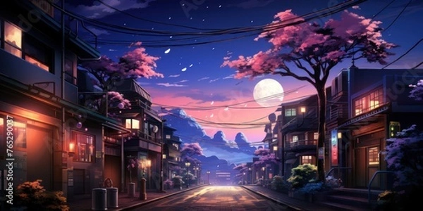 Obraz Night Street With Full Moon Generative AI