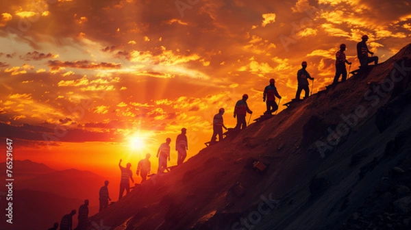 Obraz A diverse group of individuals stands proudly atop a mountain peak, basking in the beauty of their accomplishment on Labor Day