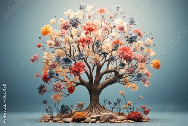 Obraz Tree Formed by Flowers and Rocks Generative AI