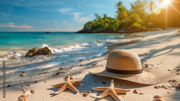 Obraz A colorful hat sits abandoned next to a starfish on a sandy beach. The scene captures a moment of playful whimsy amidst the tranquil setting of a summer vacation