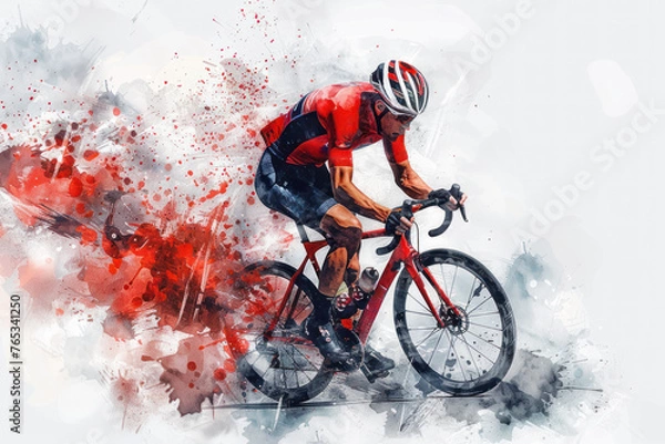 Fototapeta Red watercolor painting of professional cyclist in road bike race