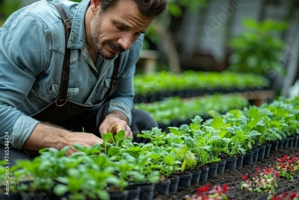Fototapeta A focused farmer tending to seedlings in a nursery, promoting sustainable growth.