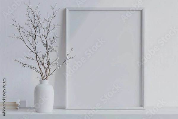 Fototapeta Fresh minimalist illustration, white background with green plants and blank photo frame design template