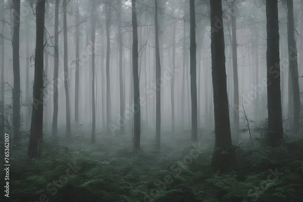 Fototapeta In a foggy forest on a rainy day ai