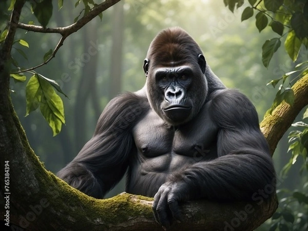 Fototapeta Close-up of a gorilla sitting in a branch tree in the blurred background of a green forest