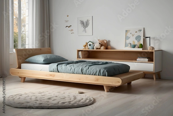 Obraz "Modern teen bed isolated on a white background. Children's bed with a bedside table. Single bed."