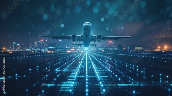 Fototapeta Takeoff of an airplane on an airport runway, air transport navigation Innovative airplane travel concept future technology Cargo travel on night flights