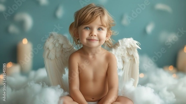 Obraz Toddler with angel wings sitting on cloud, smiling