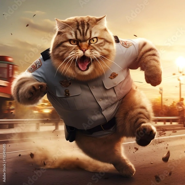 Obraz A Felidae in a police uniform is sprinting along the street