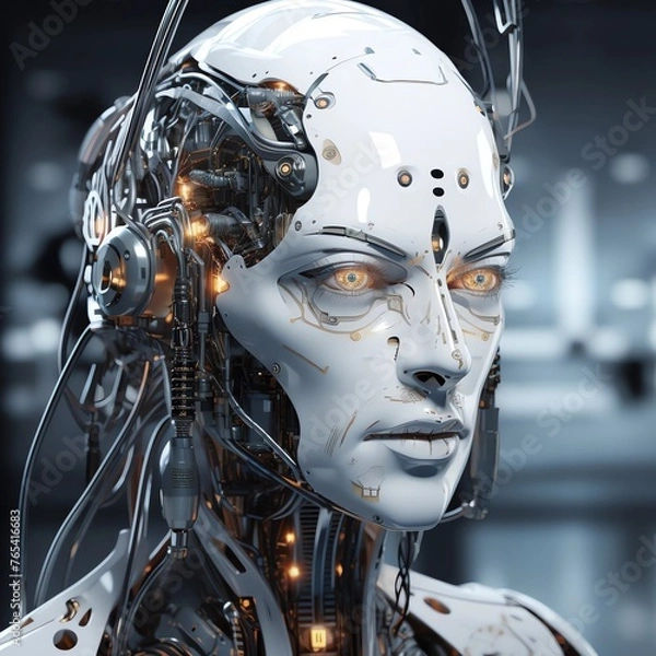 Obraz Close up of a robot head with a microphone on its helmet