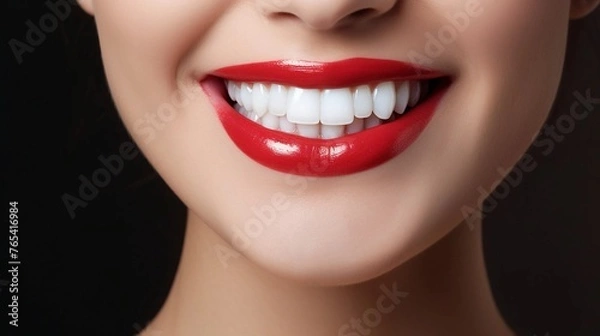 Obraz Universal photorealistic banner with a girl smiling with beautiful white teeth and red lipstick , close up on a white plain background, close up with space to insert text
