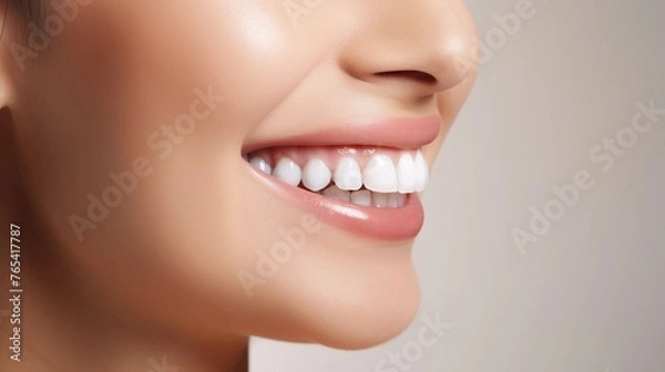 Obraz Universal photorealistic banner with a girl smiling with beautiful white teeth, close-up on a white plain background, close-up with space to insert text