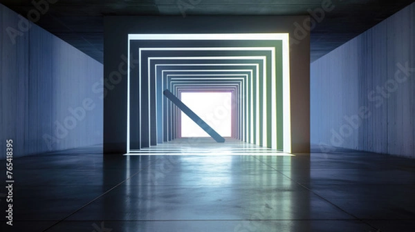 Fototapeta Rectangular pedestal. Presentation and advertising of products. Space with a wall. Dynamic linear silhouette. Glowing arches. Floor with reflections. Creative background on the theme of architecture.