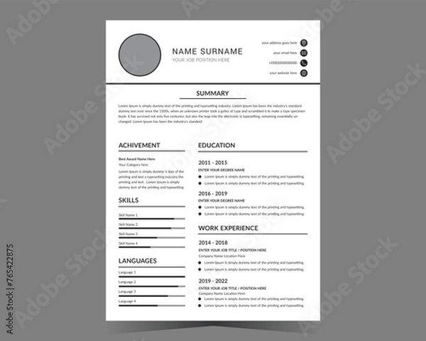 Fototapeta CV template or modern resume and vector design.