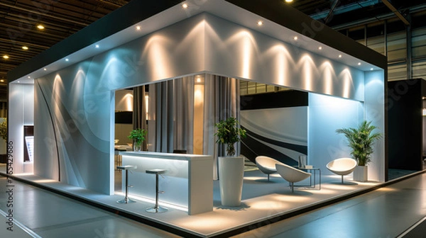 Fototapeta Exhibition stand design with space and interior inside. Modern architecture, site lighting. plants in a pot. Futuristic shapes. Business event, pavilions. Yellow, blue.