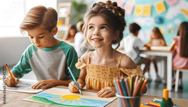 Fototapeta Children in a school classroom drawing, ideal for a blog or article on education