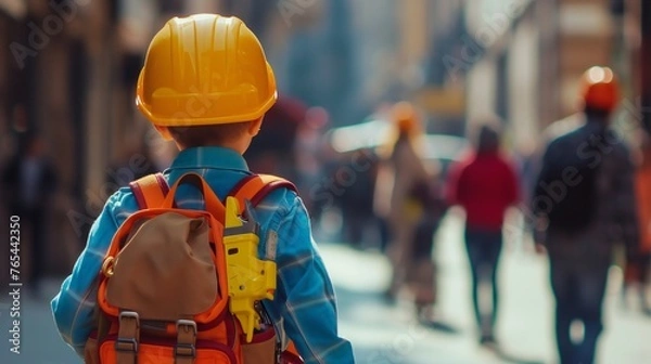 Fototapeta Education's Shadow: Blurred cityscape frames a child with a school bag full of construction tools, highlighting labor's shadow over learning.