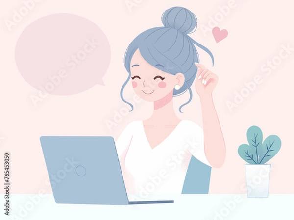 Obraz おしゃれなデスクで快適なテレワークをする女性のイラスト