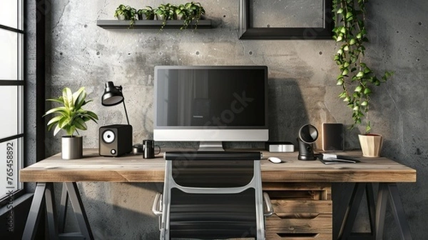 Fototapeta A modern office desk setup with sleek, minimalist design and high-tech gadgets, perfect for adding a contemporary and professional look to designs