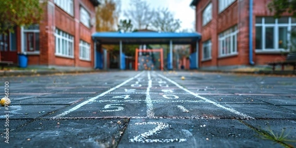 Fototapeta Jumping game played by children on a chalk-marked asphalt playground, representing youthful innocence and enjoyment during recess or after school.