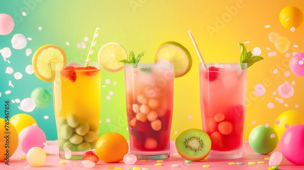 Obraz Three colorful drinks with straws and fruit garnish on top