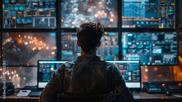 Obraz A technical controller sits working in front of his computer, surrounded by many big screens in the background