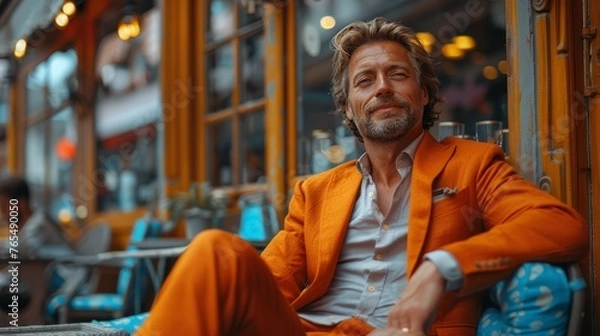 Obraz A man in an orange suit is sitting on a chair in front of a yellow building