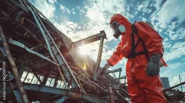 Fototapeta Worker in red hazmat suit inspecting a destroyed industrial site under a bright sunlit sky.