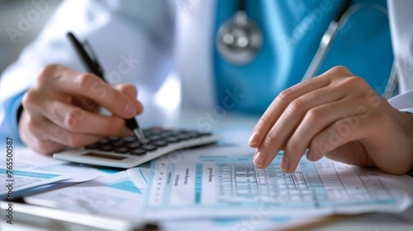 Fototapeta Precision in Healthcare Expert Hands Navigate Patient Billing with Care and Efficiency