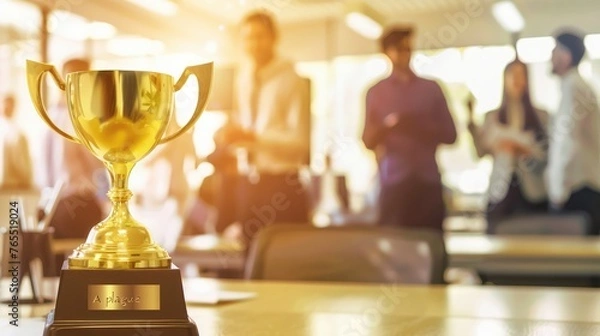 Fototapeta Concept team Success Golden Trophy Cup on a Wooden Table Highlighting Achievement in a Blurred Office Background - AI generated