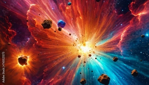 Fototapeta Space Nebula, colorful abstract background image, 3d illustration, space, surreal explosion, colorful stars and asteroids particles, surreal nebulae