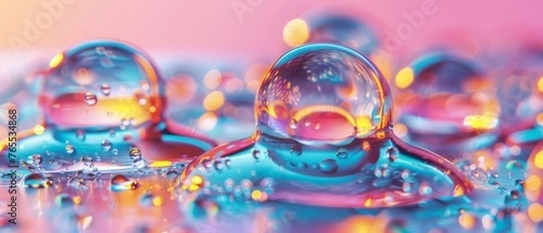 Fototapeta  Water droplets float on blue and pink surface with water drops
