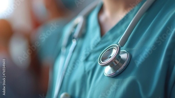 Fototapeta Detail of stethoscope use by doctor on patient, hospital backdrop blur, soft warm light, close shot