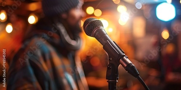 Fototapeta a vibrant open mic performance with a plum-clad poet passionately reciting their lyrical verses on stage